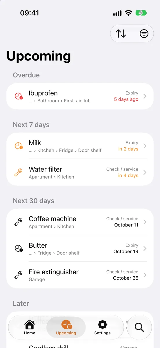 The “Upcoming” feed of dates
