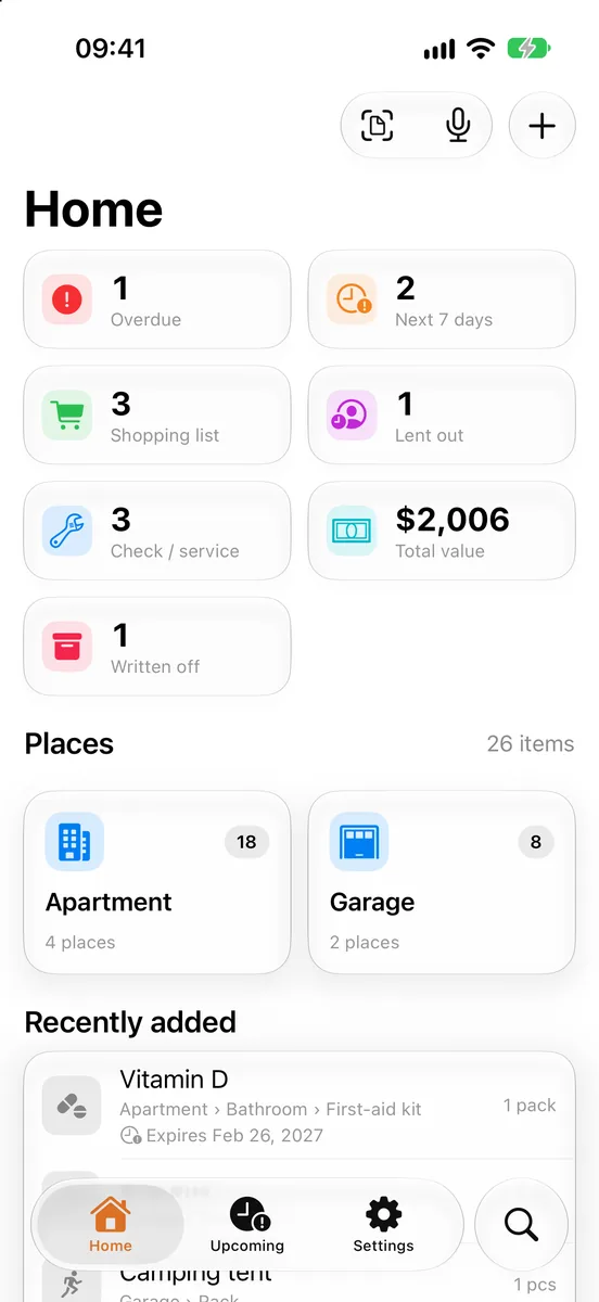Stowkeep home screen