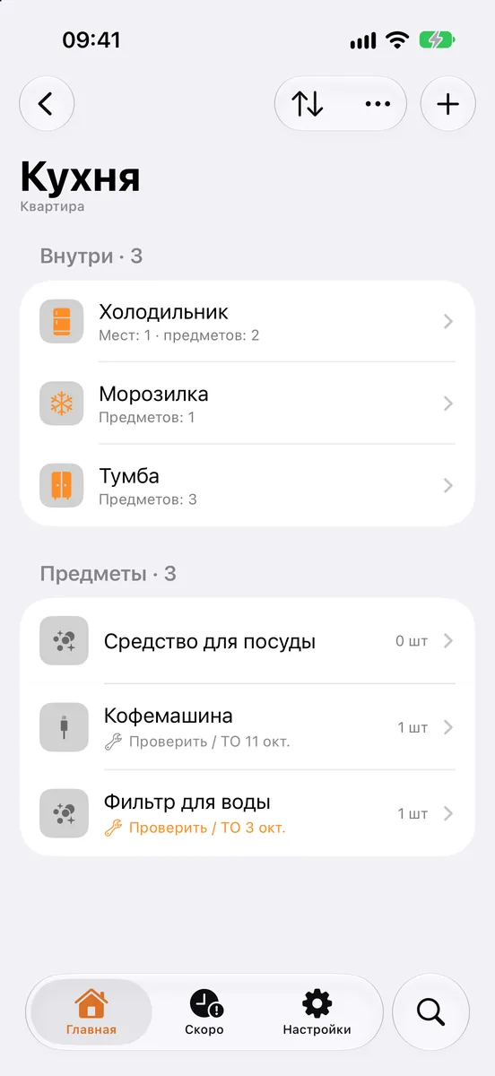 Место «Кухня» с вложенными местами и предметами